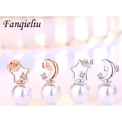 Fanqieliu Rose Gold Crystal Pearl Earring Studs Asymmetric Moon Star Real 925 Sterling Silver Earrings For Women FQL21062