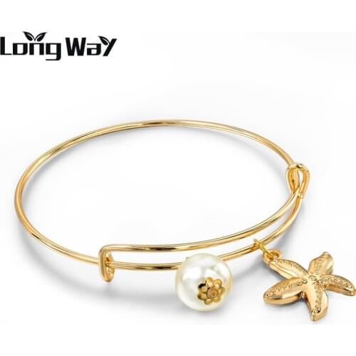 LongWay 2019 Famous Brand Jewelry Gold Color Starfish Friendship Bracelets Wire Cuff Charm Beads Bangles For Women SBR150222103