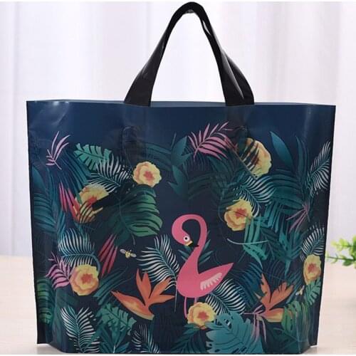 Thick0.16mm Flamingo Flower Plastic Bags 10pcs Navy Shopping Jewelry Packaging Bags Plastic Gift Bag With Hnadle 33x24+6cm