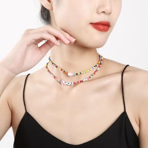2Pcs/Set Colorful Beads Pearl Necklace Letters Choker Handmade Clavicle Necklaces Beach Jewerly Set Friends Famliy Gifts Bijoux