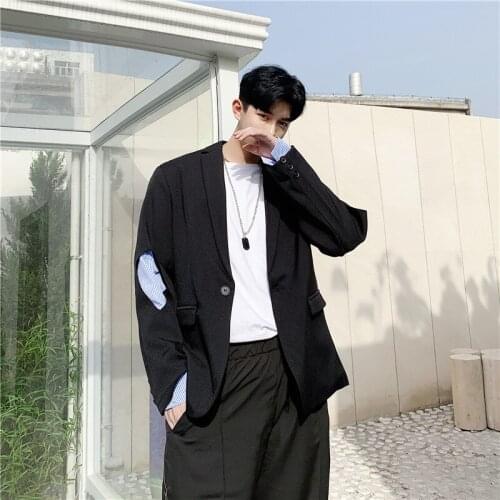 2021 spring Korean style unique Ripped hole sleeve Suit men Casual loose Fake two design Blazers for men M-XL
