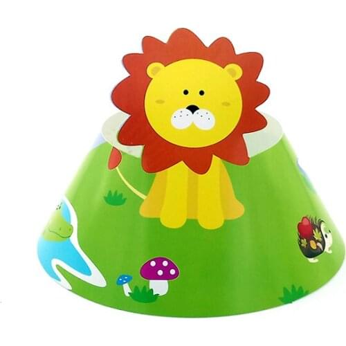 6pcs Birthday Party Paper Cap Hat For Kid Child Jungle Animal Lion Tiger Theme Baby Shower Party Supplies Deco With Elastic Band