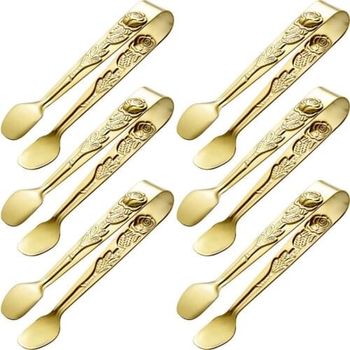6PCS Mini Appetizer Tongs Rose Pattern Handle Sugar Tongs Small Sugar Serving tongs Stainless Steel tongs For Ice Coffee Bar