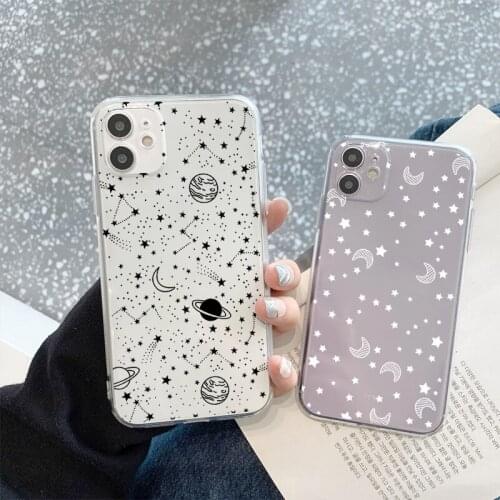 For Glitter Stars Case For iPhone 12 11 Pro Max X XR XS Max 7 8 6 6S Plus Transparent Phone Case Moon Dots Space Planet TPU Bag