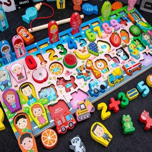 Montessori Educational Wooden Toy For Kids Magnetic Fishing Count Numbers Matching Digital Shape Log Board Children Math Toys