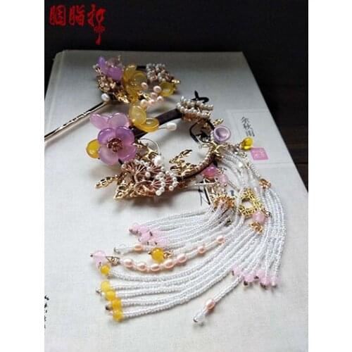 Wang Xian Ancient Chinese Fan Long Tassel Hanfu Hair Jewelry Deer Hair Piece Pink Purple Jade Petal Lemon Stone Hair Stick