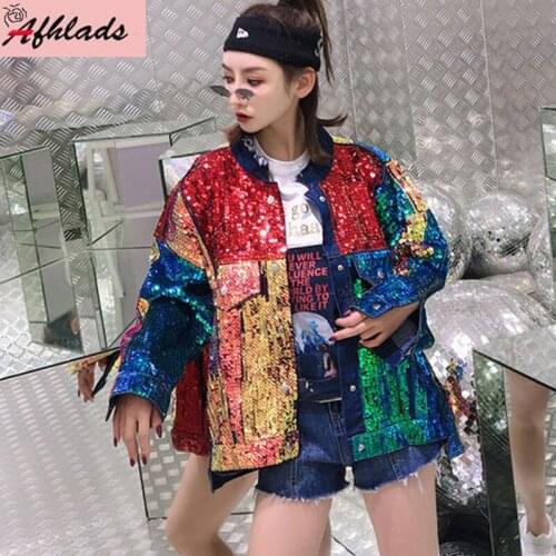 Sequined Denim Jacket 2021 New Female Spring And Autumn Korean Loose Vintage Hip Hop Night Club Streetwear Coats Outerwear