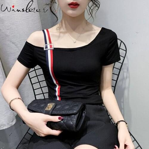 Summer Korean Clothes Cotton T-Shirt Chic Sexy Skew Collar Buckle Straps Women Tops Bottoming Shirt All Match Tees New T14504A