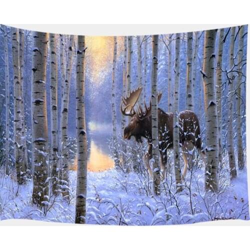 Moose Tapestry Wild Animals Christmas Theme Reindeer in American Forest on Mystic Snow Wintera Wall Art Hanging