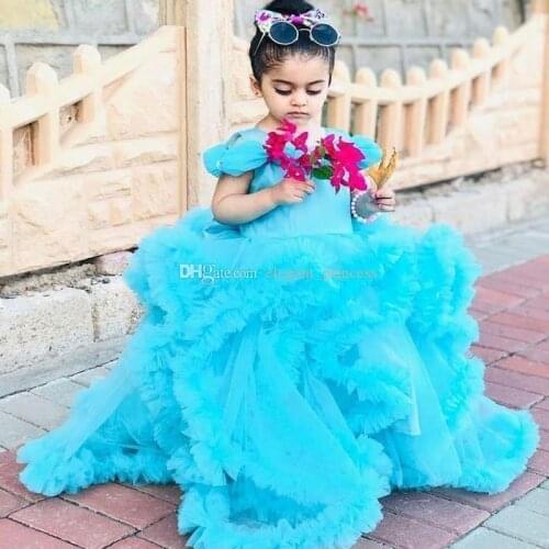Blue Girls Princess Ruffle Dresses Princess Ball Gowns Off Shoulder Girls Blue Birthday Party Princess Ball Gowns Custom