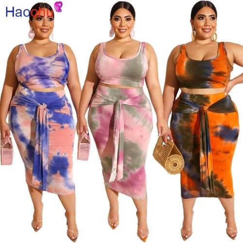 HAOOHU PLus size XL-4XL women summer tie dye Print tank top tie up bodycon midi skirt suit tracksuit two piece set sexy dress