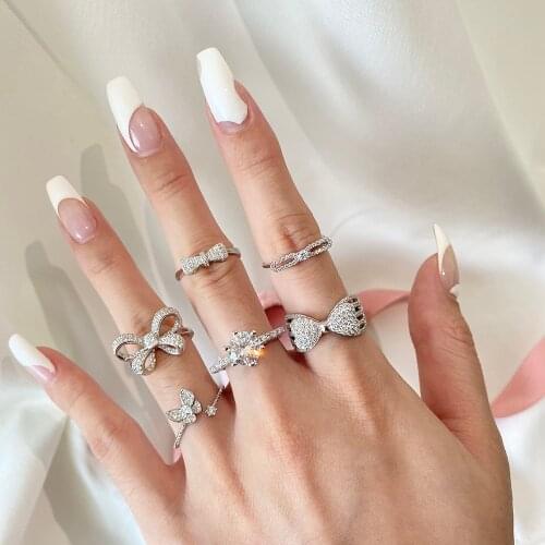 Bowknot open ring adjustable ring sterling silver 925 zircon sweet wedding banquet birthday party jewelry fashionable