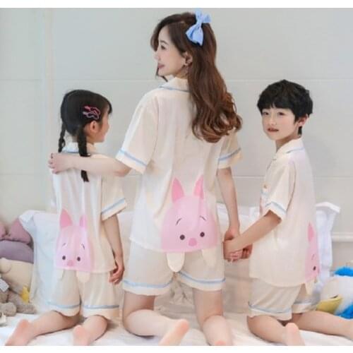 Family Matching Outfits Summer Silk Pajama Set for Children Mommy and Me Clothes Kids Satin Cartoon Leisure Adult Baby Homewear
