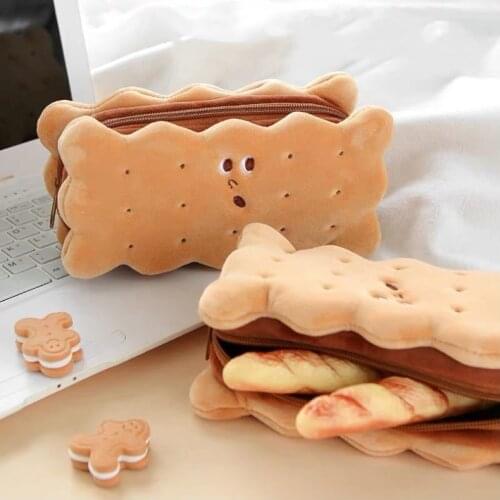 10Pcs/Lot Cute Sandwich Biscuit Shape Pencil Case Student Portable Simple Plush Stationery Bag Large-capacity Zipper Storage Bag