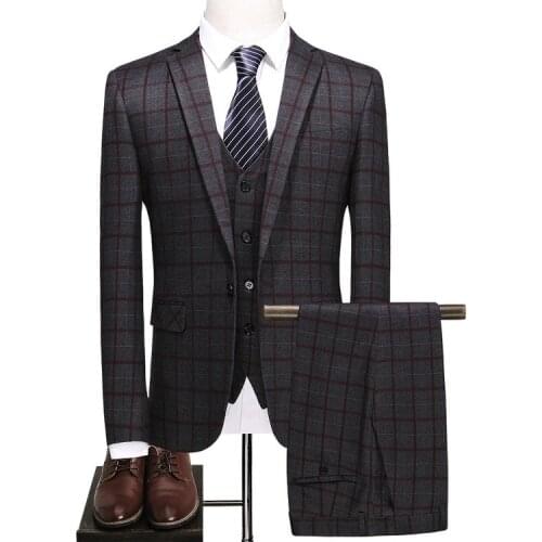 2021 Fashion 3 Piece Plaid Men Suit Slim Fit Wedding Groom Suit Tuxedo Jacket Formal Business Blazer Suits For Prom Male Terno