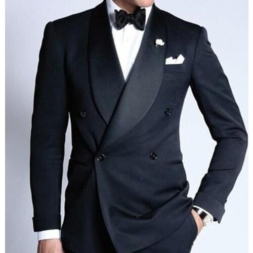 New Double Breasted Navy Wedding Groom Tuxedos for Man Suits 2020 Shawl Lapel Slim Fit Tailored Made Two Piece Male Blazer