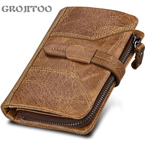 GROJITOO 2020 New Mens wallet anti-RFID genuine wallet mens Crazy Horse Long wallet Male Walet Pocket Retro Purse High Quatily