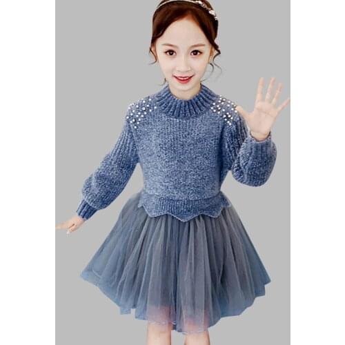 Dress Girl Patchwork Girls Party Dress Knitted Sweater Children Dress Autumn Lolita Childrens Tutu Dress For Girls 6 8 10 12 14