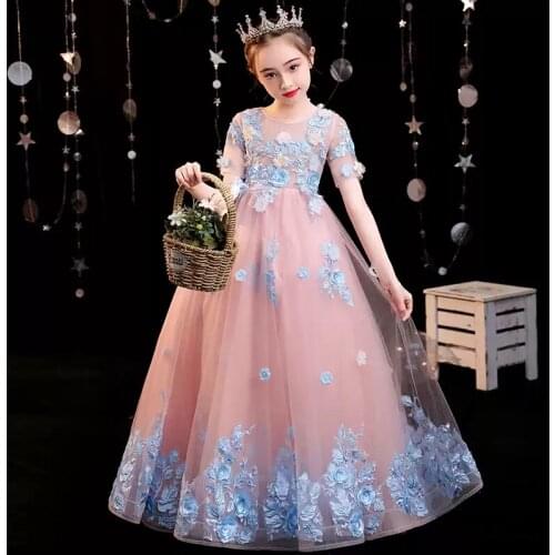 Flower Girl Dresses Illusion O-Neck Short Embroidery Pearls Appliques Princess Floor-Length Tulle Lace Pink Kids Party Gown H517