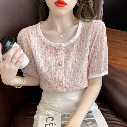 Contrasting color short-sleeved floral shirt womens summer dress 2021 new loose and thin single-breasted top trend