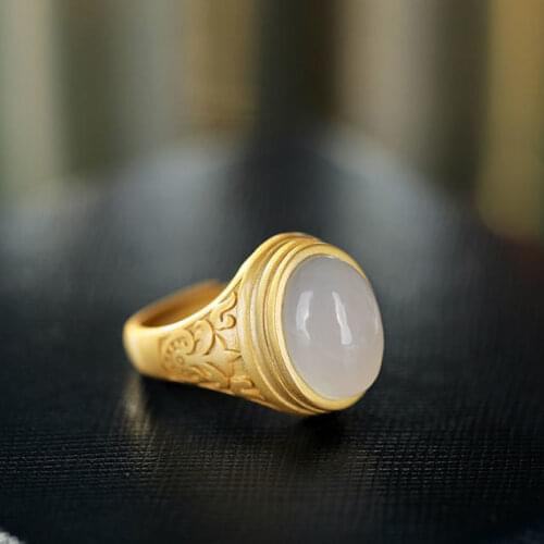 S925 Sterling Silver Gold Natural Hetian Jade High-Grade Jade Ladies Retro Classical Open-End Ring for Women Ring Ornament
