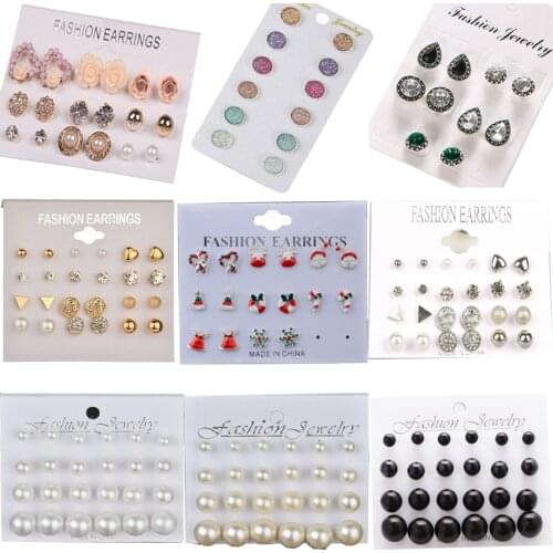12/ 9 Pairs/Set Pearl Flower Crystal Studs Earrings Women' Girls Elegant Rose Flower Heart Ear Studs Earring Jewelry Gift