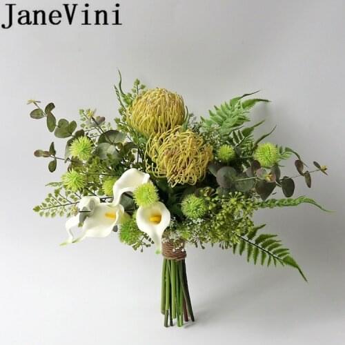 JaneVini Western Style Green Brides Flower Garden Wedding Bouquet Artificial White Calla Lily Silk Bridal Bouquets Flores Boda
