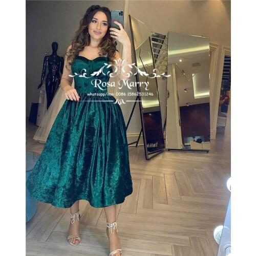 Hunter Green Velvet Tea Length Prom Dresses 2021 A Line Plus Size Cheap New Fashion Formal Evening Party Gowns Vestido De Fiesta