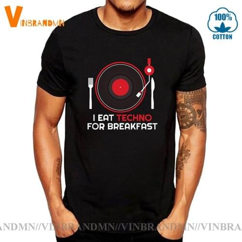 Funny I Eat Techno for Breakfast T shirt men Vintage Rave Hardstyle DJ T-shirt New Fashion Retro Old School Vinyl Tee shirt