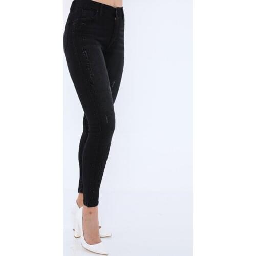 Woman, Jeans, Black, Normal Waist, Slim Fit, Lycra, Flexible, Shiny Scattered Stones, Sequined, Full Length, Cotton Denim Pants