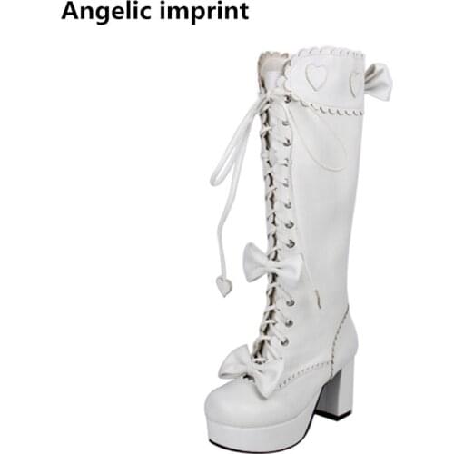 Angelic imprint mori girl Women motorcycle boots lady high heels lolita shoes woman princess dress pumps bowtie 8cm white 33-47