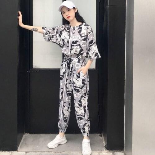 Women Summer Two Piece Outfits 2021 Comic Newspaper Cotton Tshirt + Womens Casual Pants Sweatpants Women Top and Pants Suit