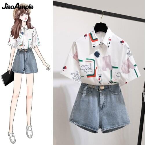 Womens Casual Summer Fashion Two Pieces Shorts Set 2021 New Print Shirt+denim Short Pants Suit Lady Trendy Jeans Streetwear