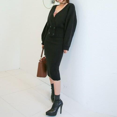 2021 New Fashion Ladies Elegant Knitted Sweater Two Piece Set Casual Blouse and Knit Wrap Skirt Ladies Thick Warm 2 Piece Set