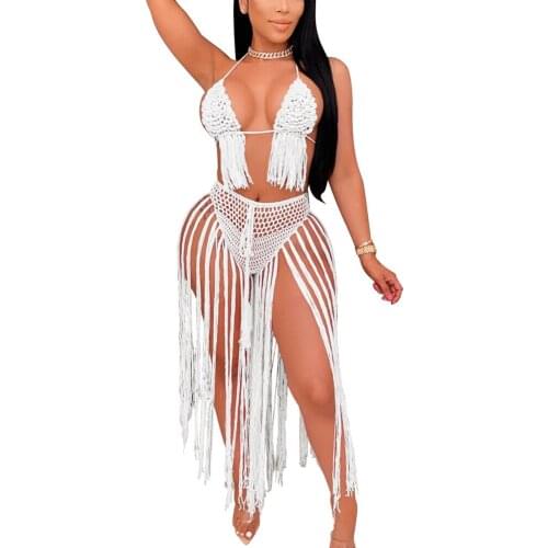 Women Summer Bikini 2 Piece Dress Set Cover Up Outfits Sexy Hollow Out Crochet Knit Bra Bodycon Skirt