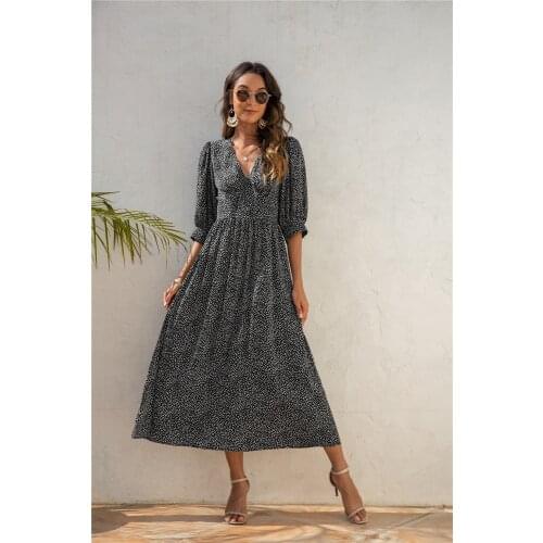 2021 New Dot Print Dress Women Wrap Casual Half Sleeve Chiffon Dresses Sexy V Neck A Line Long Dress Boho Beach Dress Robe