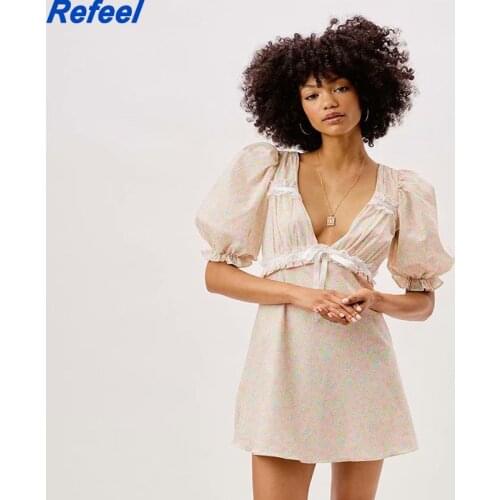 Summer Women Vintage Bandage Tie Bow Backless Dress Retro Puff Sleeve Slim Waist Floral Print Mini Dresses Sexy Robe