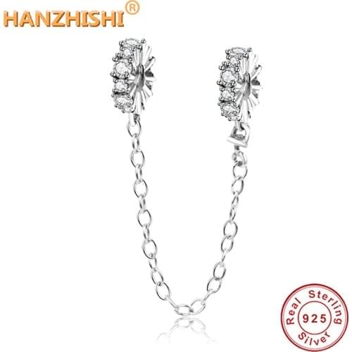925 Sterling Silver Clear CZ Sparkle Safety Chain Charm Beads Fits Original Pandora Charm Bracelet DIY Jewelry Making Berloque