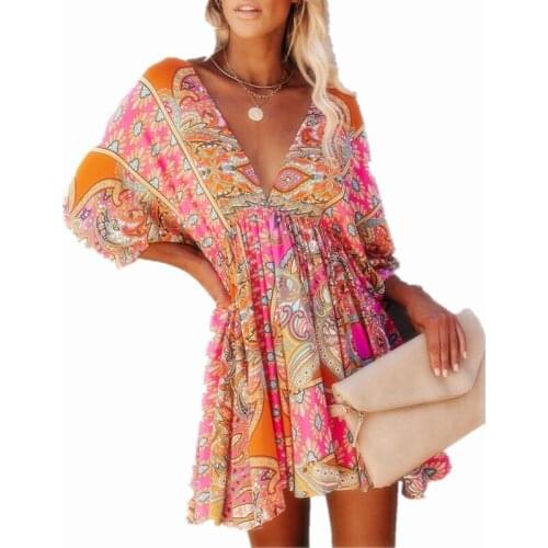 Bohemian Women Dress V-neck Print Dresses Womens Summer Sundress Sleeve Backless Adjust Waist Beach Cover Up Free Shipping