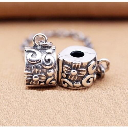 100% 925 Sterling Silver Retro flowers pattern Safety Chain, Stopper Charms Fit Bracelet Fashion Jewelry