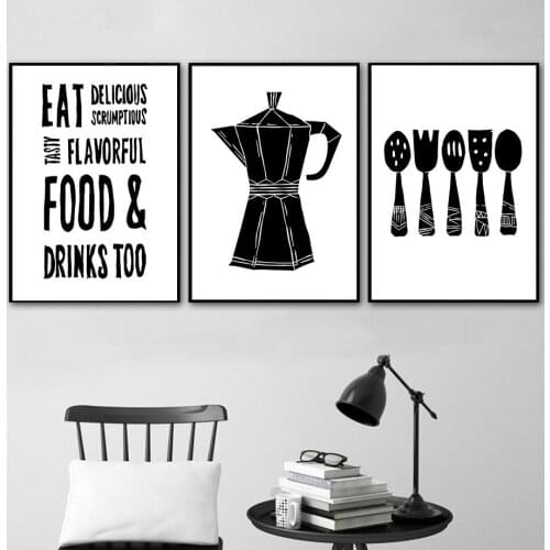 Black White Teapot Spoon Fork Wall Art Canvas Painting Nordic Posters And Prints Wall Pictures For Living Room Kitchen