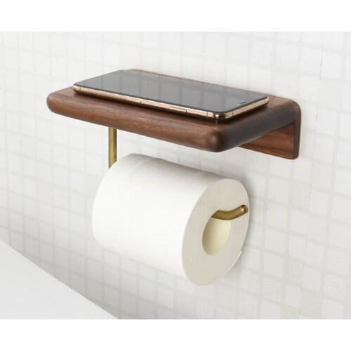 Classical Wooden Black Walnut Brass Wall Hanging Type Roll Paper Holder Bathroom Wood Storage Rack