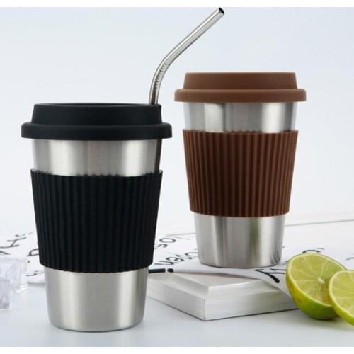 Stainless Steel Coffee Cup with Silicone Lids Non-slip Anti-scalding Sleeves Drinking Tumblers Beer Milk Tea Coffee Mugs 400ml