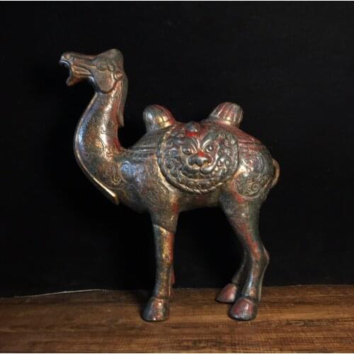 10"Chinese temple collection Old Bronze Lacquer Cinnabar Camel statue Desert camel Office Ornaments Town House Exorcism