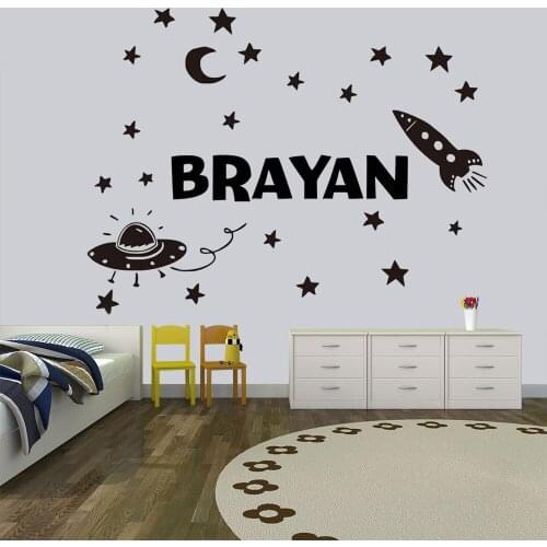 Space Wall sticker Outer space wall decals decoration Rocket Ship Decal Vinyl Custom name Decal Kids Bedroom decor HY749
