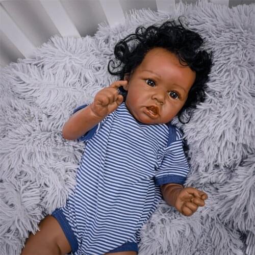 20Inch Black Curls Baby Full Silicone Reborn Baby Brown Eye Teeth Crooked Mouth Lifelike Doll Soft Real Can Water Proof Bath Toy