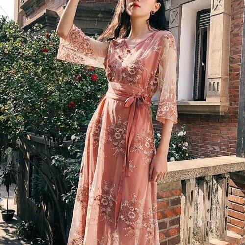 Sweet Elegant Dress Women V-Neck Vintage Floral Dress For Fenales Korean Style Bandage Design 2021 Summer Party Dresses