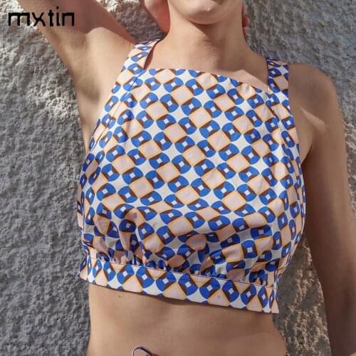 MXTIN 2021 Women Summer Fashion Geometric Print Cropped Tank Tops Vintage Sleeveless Back Bow Tied Straps Slim Casual Chic Tops