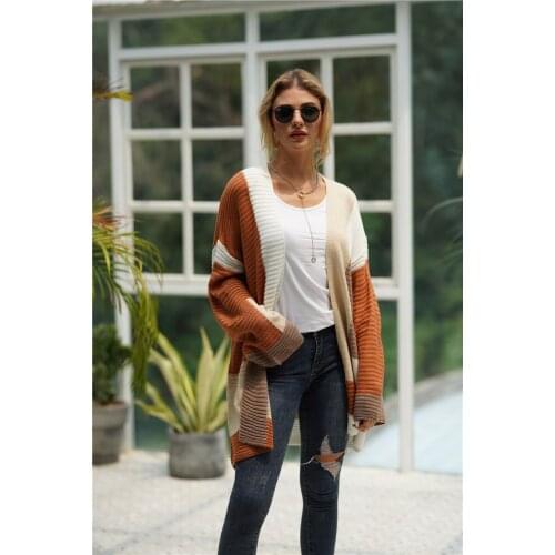 H80&S90 New Fashion Geometric Splice Cardigan Women Autumn Winter Knitted Loose Sweater Ladies' Cardigan Female Long Coat