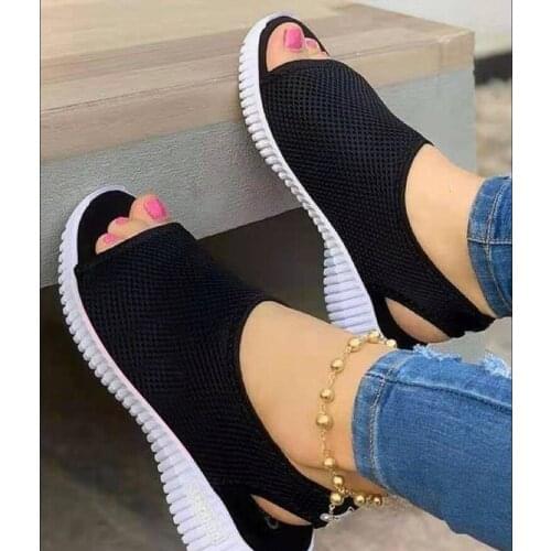 Sandals Women New Fashion Womens Sandals 2021 Casual Pure Color Knitted Mesh Printed Flat-Bottom Comfortable Trend All-match